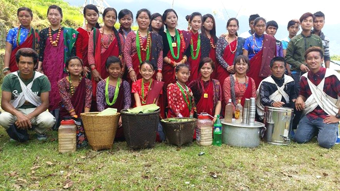 Bhachok youths pose with various recipes during Lhosar. Picture: Pabitra Gurung 