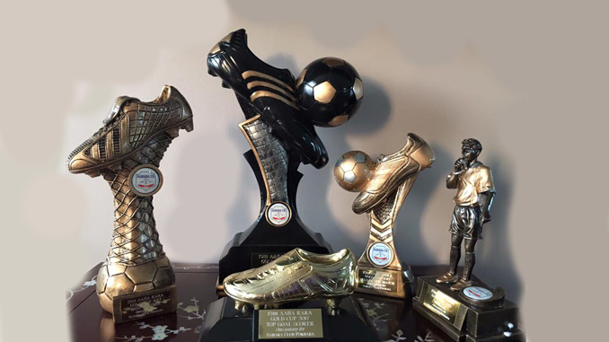 Some of the major trophies which will be sponsored by Sahara Club UK during Aaha Rara Gold Cup. Picture: Kusang Gurung